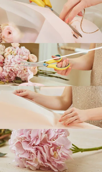 Collage of pink flowers and florist holding scissors while cutting ribbon — Stock Photo