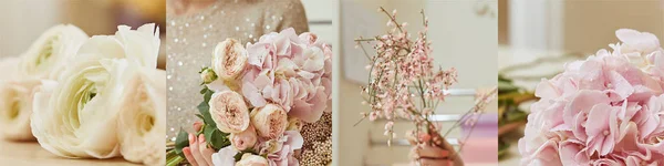 Collage of woman holding blooming flowers — Stock Photo