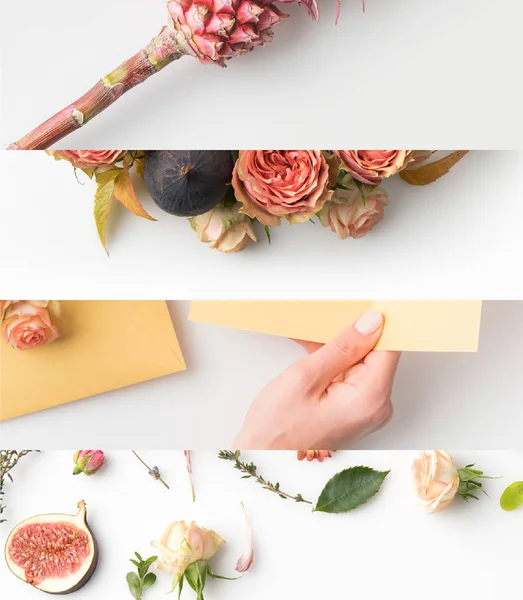 Collage di donna che tiene busta, fiori e fichi isolati su bianco — Foto stock