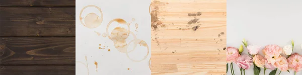 Collage of wooden backgrounds, coffee stains and pink flowers — Stock Photo