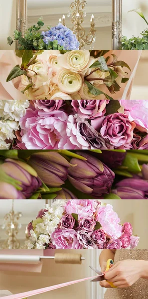 Collage de flores azules, púrpuras, rosas y cinta de corte de mujer con tijeras — Stock Photo