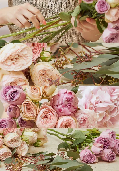Collage of florist holding flowers, pink peonies, eustoma and hydrangea — Stock Photo