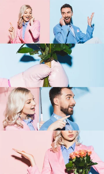 Collage of happy woman and man talking on smartphones, holding roses and gesturing on blue and pink — Stock Photo