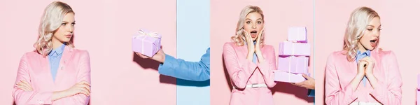 Collage di uomo che dà regali donna donna attraente e sorpresa — Foto stock