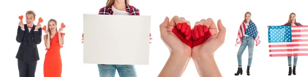 Collage aus Paar mit Herzen, Frau mit leerem Plakat, herzförmigen Händen und amerikanischer Flagge — Stockfoto