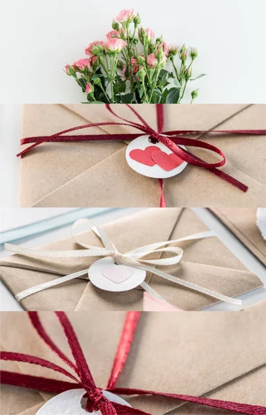 Collage of ribbons and hearts on envelopes and blooming flowers isolated on white — Stock Photo