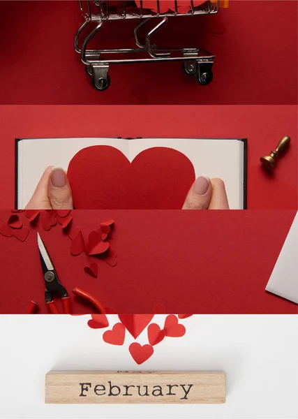 Колаж ножиць, жінка тримає паперове серце, кошик для іграшок та дерев'яний знак з лютневим написанням — стокове фото