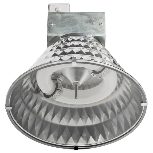 Βιομηχανικός λαμπτήρας εξοικονόμησης ενέργειας επαγωγής για εσωτερικό φωτισμό με γυαλιστερό μεταλλικό ανακλαστήρα μονωμένο σε λευκό. — Φωτογραφία Αρχείου