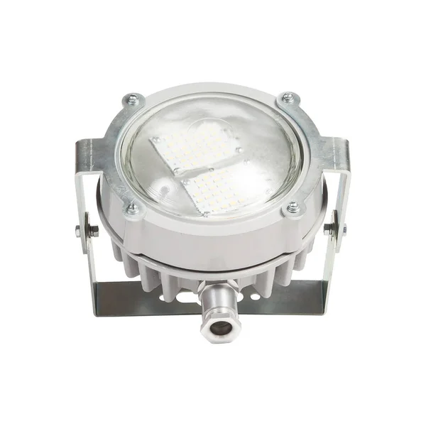 LED street flood light lamps in white strong metal housing for outdoor and indoor industrial use isolated on white.