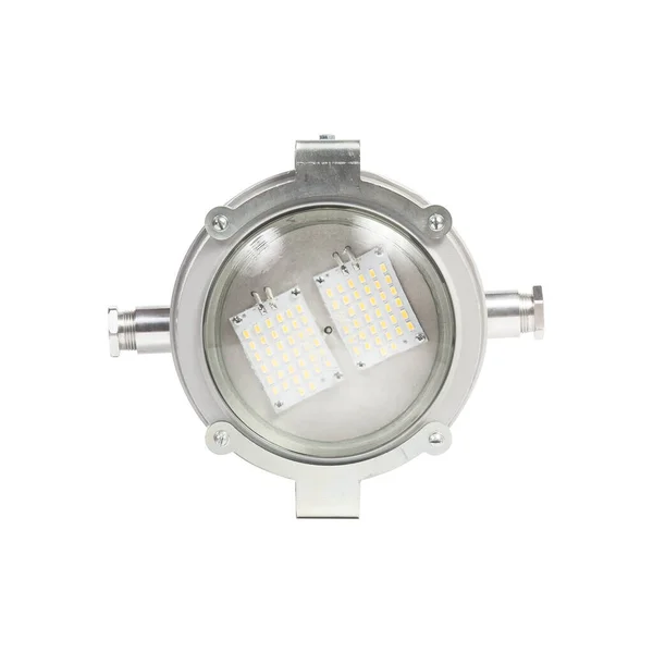 Lâmpadas de luz de inundação de rua LED em caixa de metal forte branco para uso industrial externo e interno isolado em branco . — Fotografia de Stock