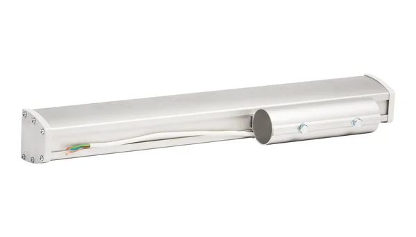 Industrial LED lighting bar in metal housing for mounting on pipe isolated on white background.