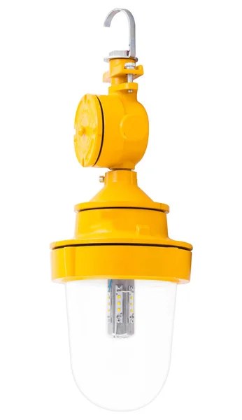 Yellow metal energy saving LED industrial lamp with glass protection bulb for outdoor use isolated on white.