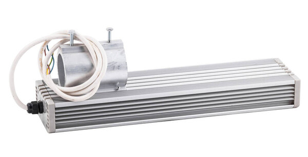 Aluminum LED industrial light bar for mounting on pipe for outdoor use isolated on white background.