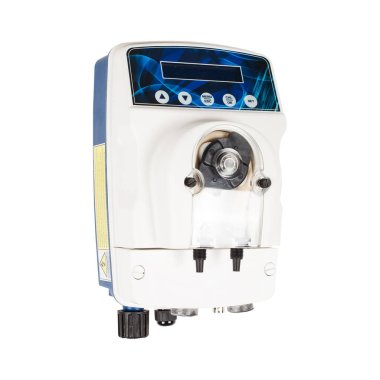 Beyaz arka planda Lcd ekranı izole edilmiş küçük beyaz Ac motorlu peristaltik pompa.