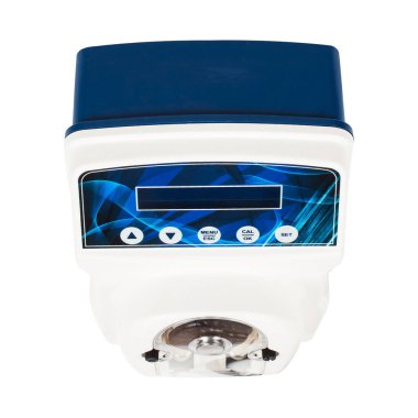 Beyaz arka planda Lcd ekranı izole edilmiş küçük beyaz Ac motorlu peristaltik pompa.