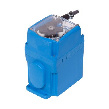 Small blue plastic peristaltic pump isolated on white background.
