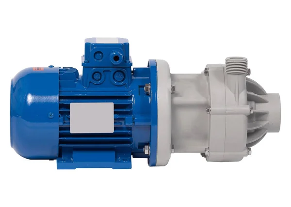 New industrial centrifugal pump with blue AC motor isolated on white background.