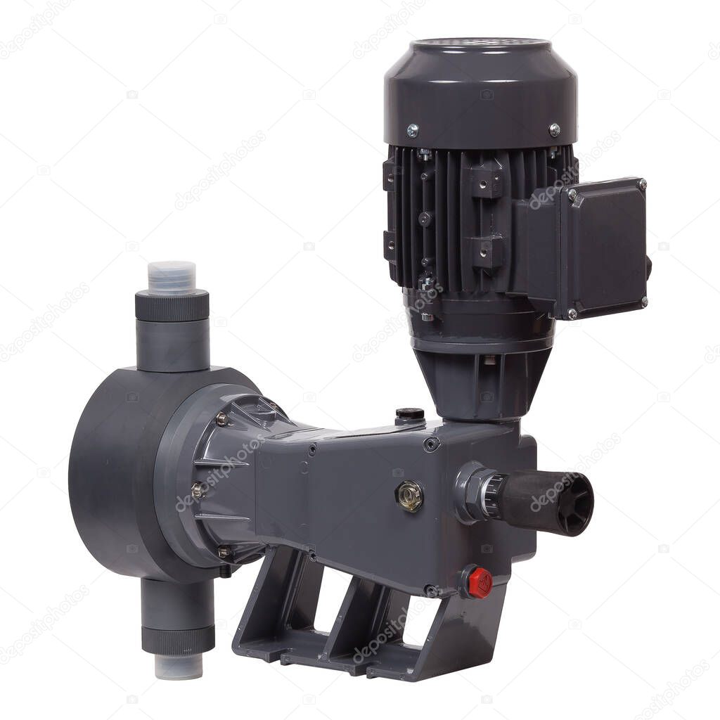 New grey industrial diaphragm pump with motor isolated on white background.