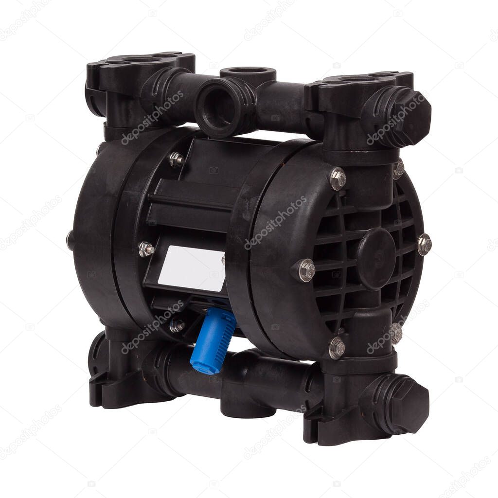 New black plastic double diaphragm pump isolated on white background.