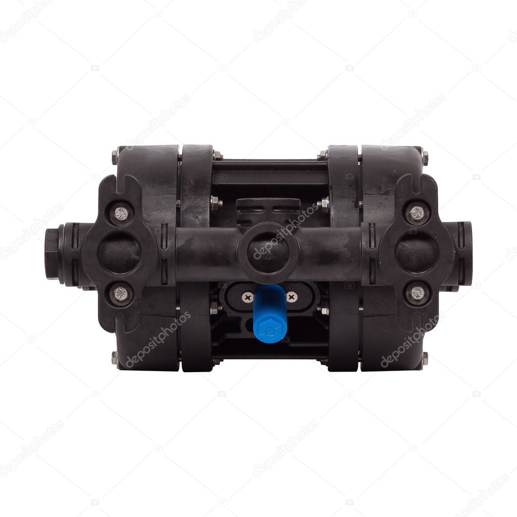 New black plastic double diaphragm pump isolated on white background.