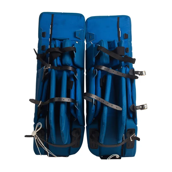Blue ice hockey goalie protective leg pads isolated on white background. — ストック写真