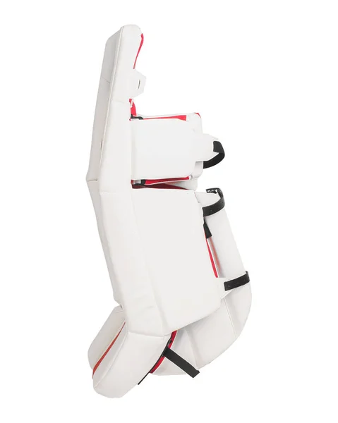 Red and white ice hockey goalie protective leg pads isolated on white background. — ストック写真