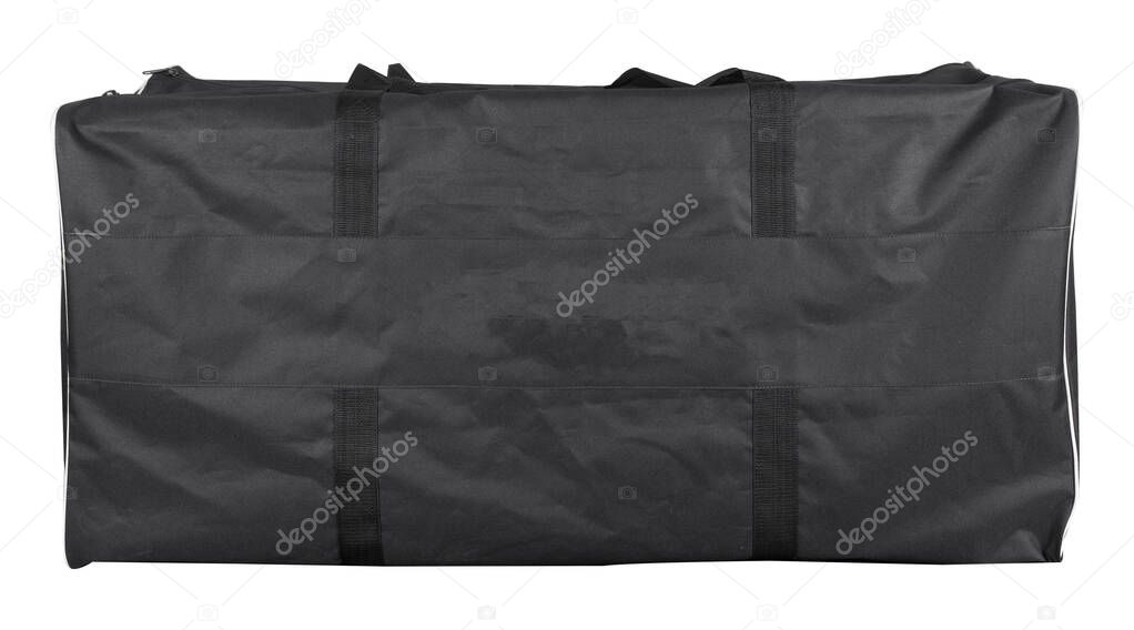 Big black bag for sports equipment with two handles isolated on white background.