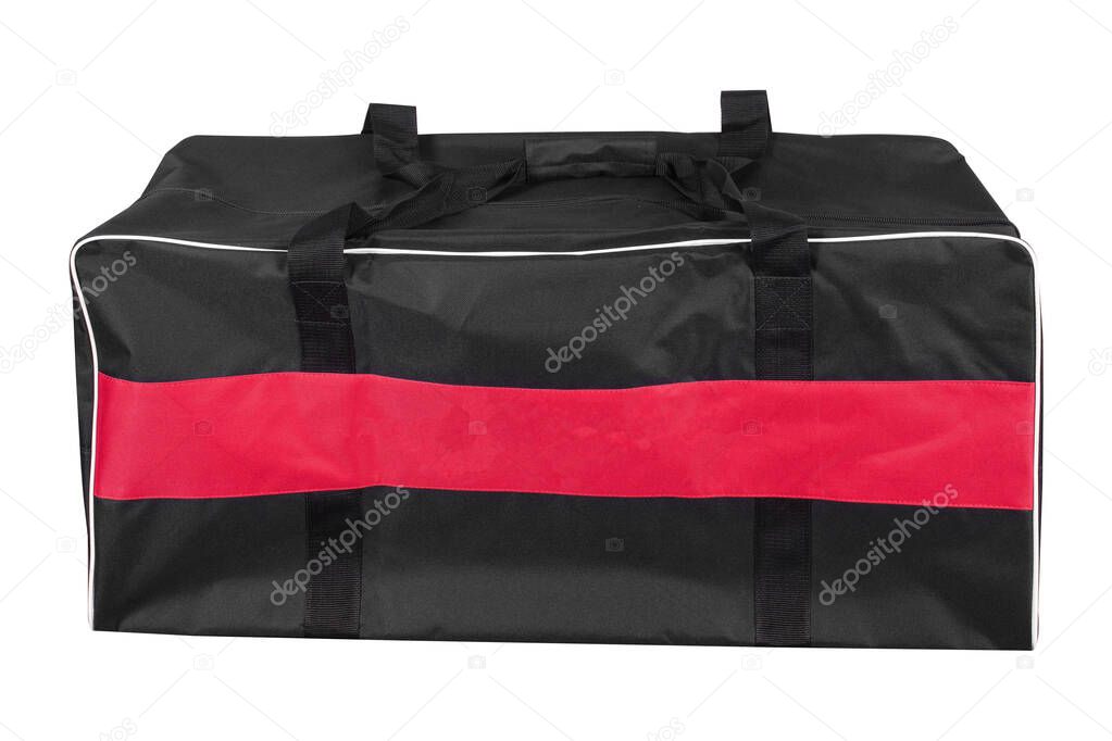 Big black bag for sports equipment with two handles isolated on white background.