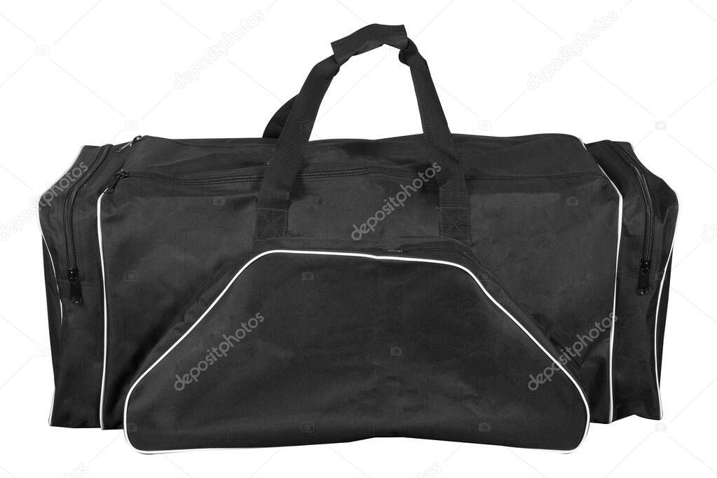 Big black bag for sports equipment with two handles isolated on white background.