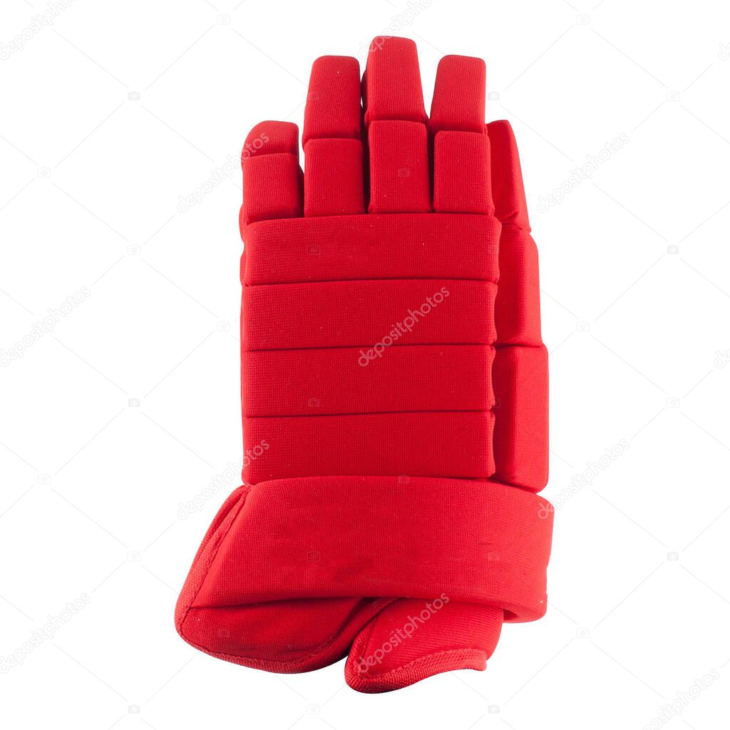 Red ice hockey protective gloves isolated on white background.