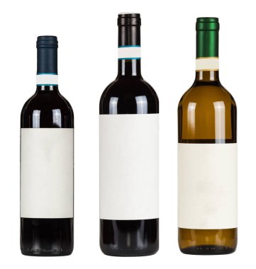 Beyaz arka planda boş kepçeli şarap şişeleri.