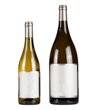 Beyaz arka planda izole edilmiş kırmızı şarap etiketli iki şişe.