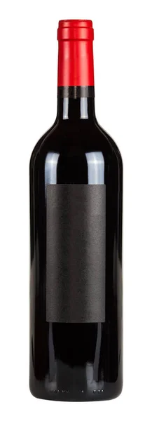 Botol anggur merah dengan lable kosong hitam diisolasi pada latar belakang putih — Stok Foto