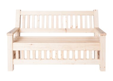 Beyaz arkaplanda izole edilmiş basit ahşap bahçe tezgahı.