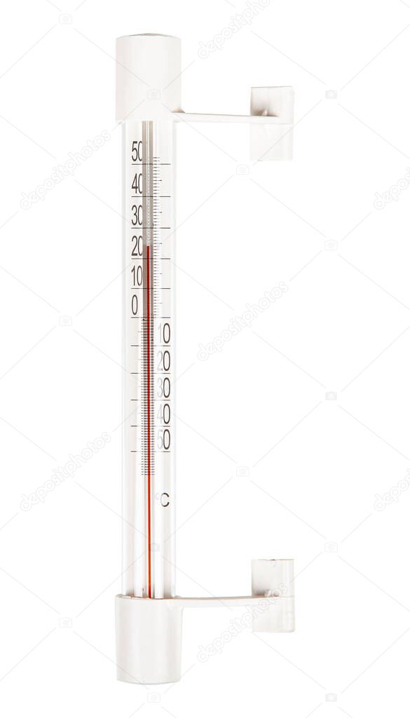 New outdoor window thermometer with double sided adhesive tape isolated on white background.