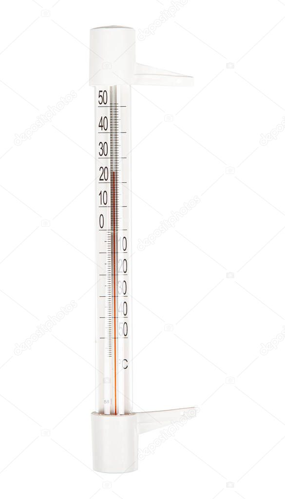 New outdoor window thermometer with double sided adhesive tape isolated on white background.