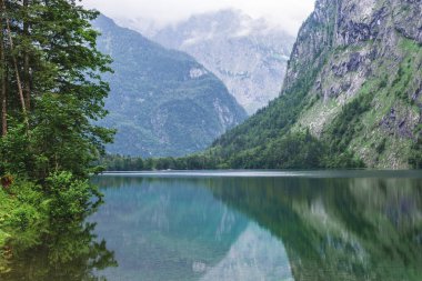 Büyük yaz Obersee Gölü Panoraması. İsviçre Alpleri, Nafels Köyü konumu, İsviçre, Europe yeşil sabah sahne. Doğa kavramı arka plan güzelliği.