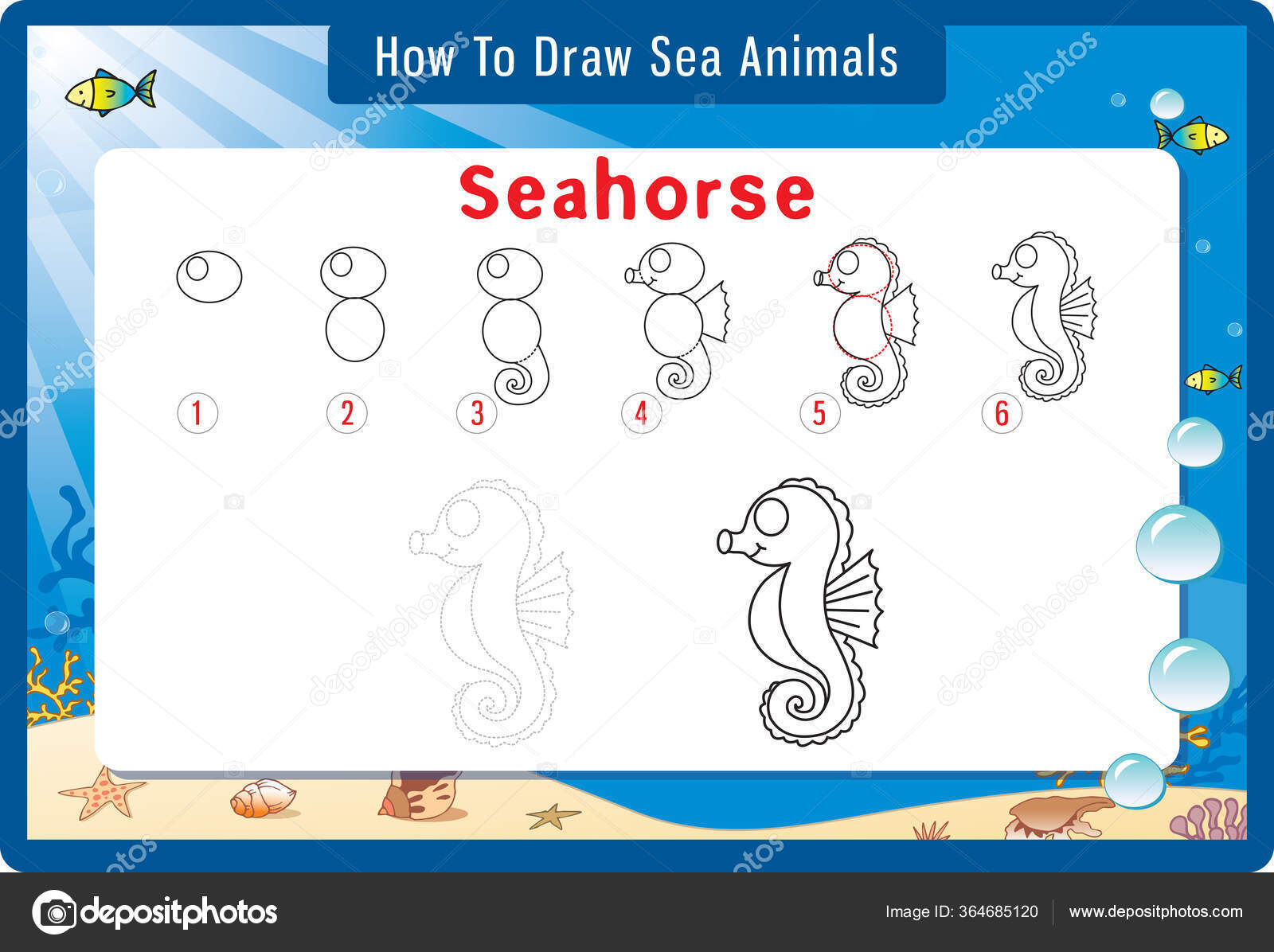 Aula de desenho para crianças como desenhar um cavalo marinho tutorial de desenho  passo a passo repete a imagem página de atividades para crianças para livro  ilustração vetorial