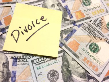 American cash money and yellow post it note with text Divorce clipart