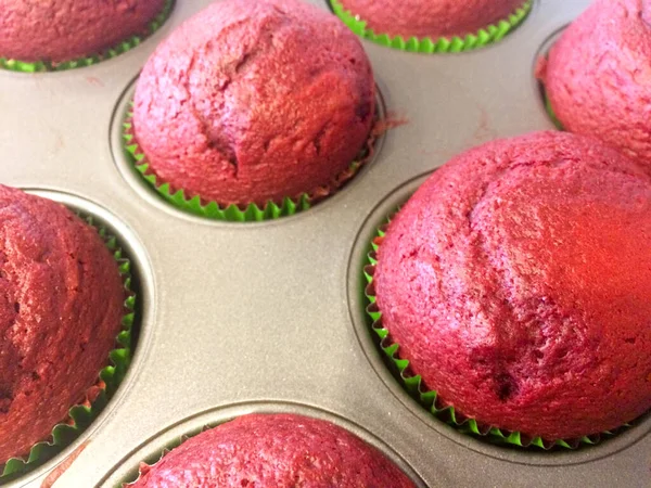 Cupcakes aus rotem Samt im Tablett — Stockfoto