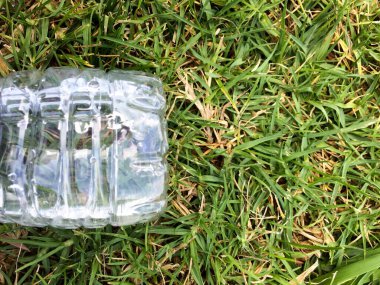 Plastik su şişesi yeşil çimen çevre kavramına yakın.