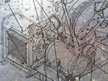 Planlı mekanik çizim makinesi şematik arkaplan karmaşası kavramını özetliyor