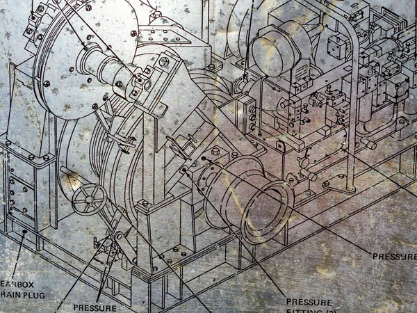 Blueprint mechanical drawing machine schematic outlines background chaos concept