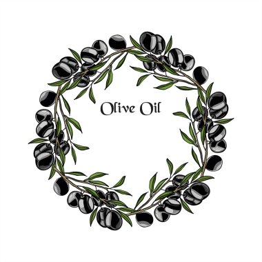 Yuvarlak siyah zeytin bileşimi. Zeytinyağı etiketleri için. Sadece metin ve logo ekle.