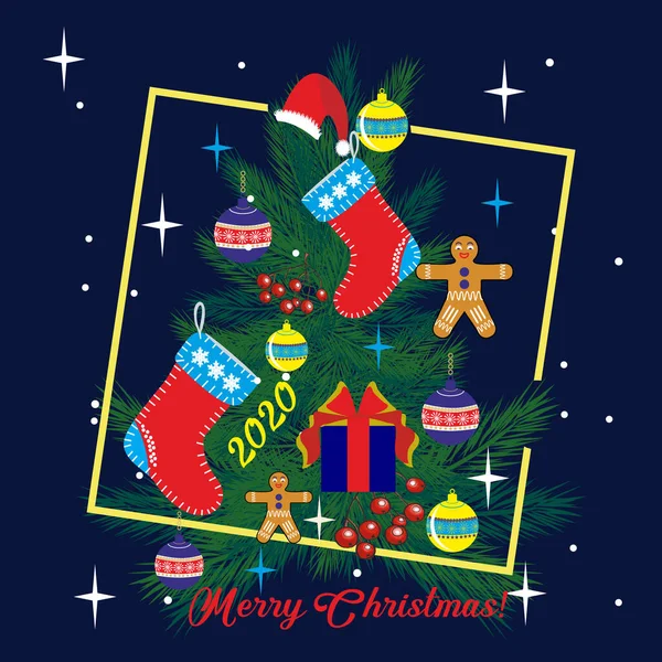 圣诞树上装饰着玩具和节日标志。 印在织物、纸张上. — 图库矢量图片#