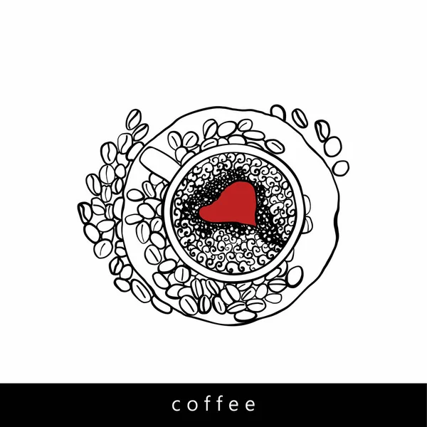 Kaffee in einer Tasse und Kaffeekörner. rotes Herz. Vektorillustration. — Stockvektor