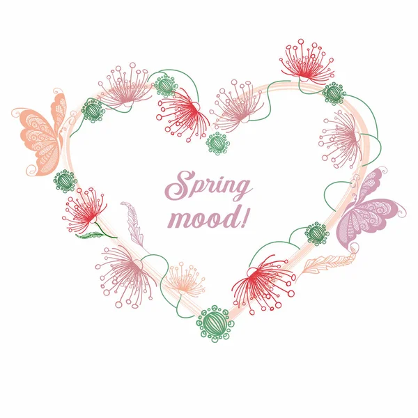 Herz aus geflochtenen Blumen und Schmetterlingen. Valentinskarte. — Stockvektor