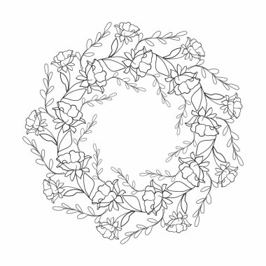 İzole edilmiş arka planda çiçekli yuvarlak vektör çerçevesi. Boyama kitabı, dekor, hobi, kartpostal.