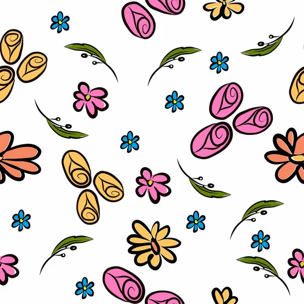 Decorative flowers seamless pattern on a white background. Vector illustration. — 스톡 벡터