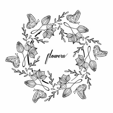 Dekoratif çiçekler ve dekoratif kelebeklerle boyama kitabı. El çizimi ana hatları.